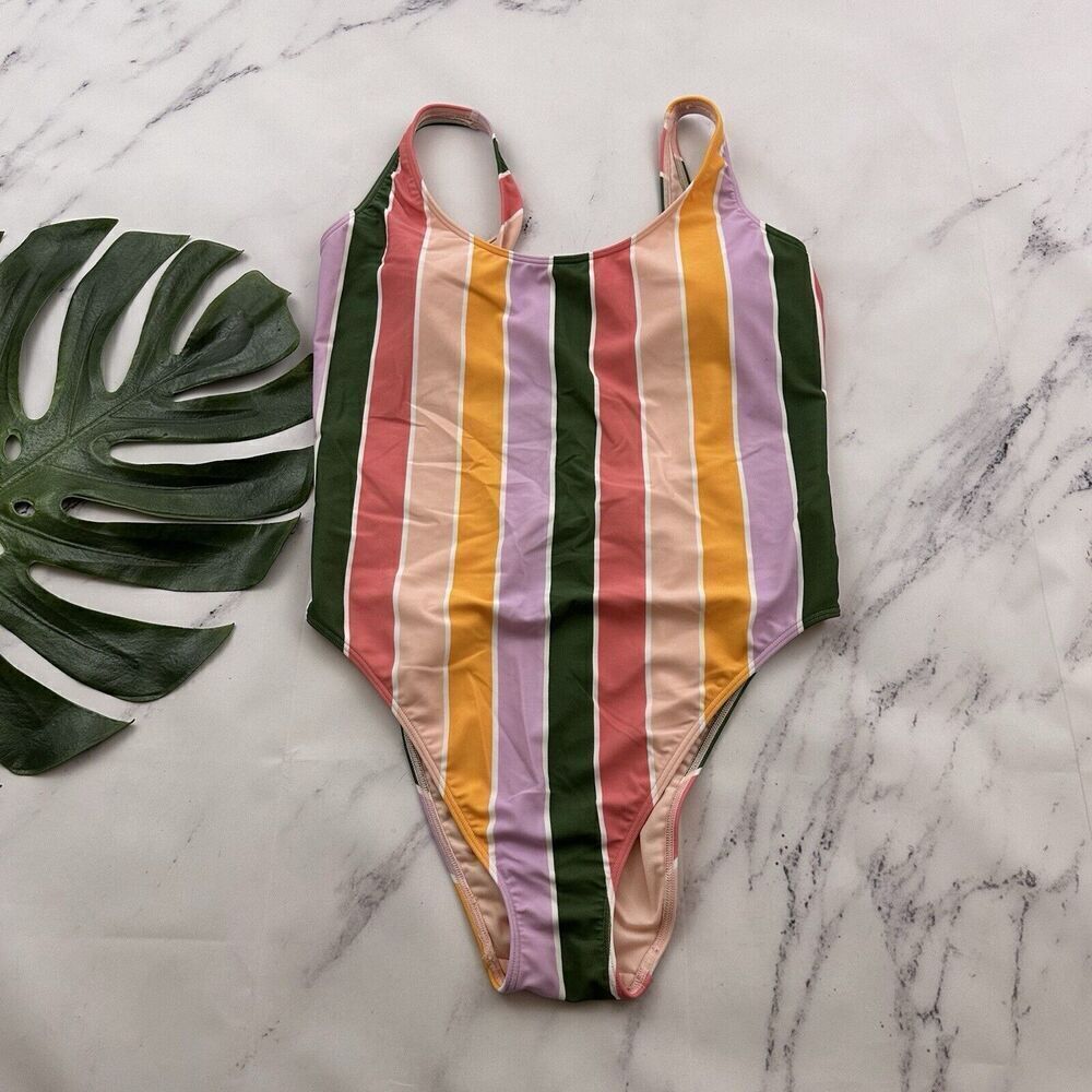 Hollister Swim Womens One Piece Swimsuit Size XL Pink Green Stripe Low Back